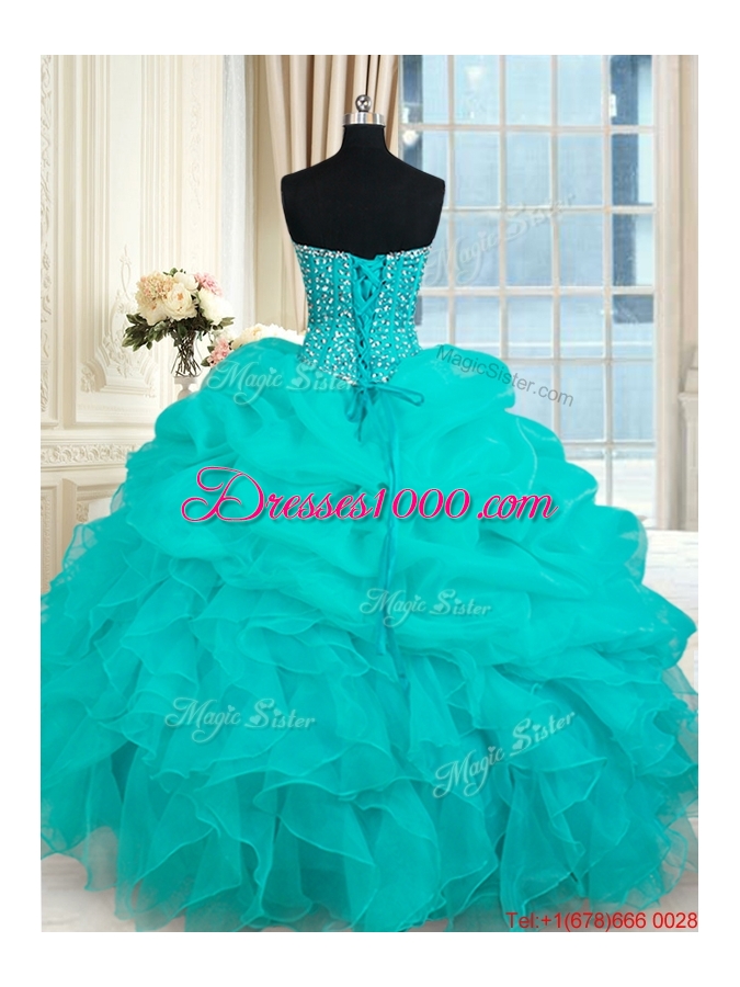 Elegant Visible Boning Beaded Bodice and Ruffled Turquoise Organza Quinceanera Gown
