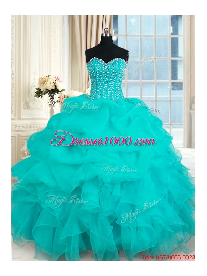 Elegant Visible Boning Beaded Bodice and Ruffled Turquoise Organza Quinceanera Gown