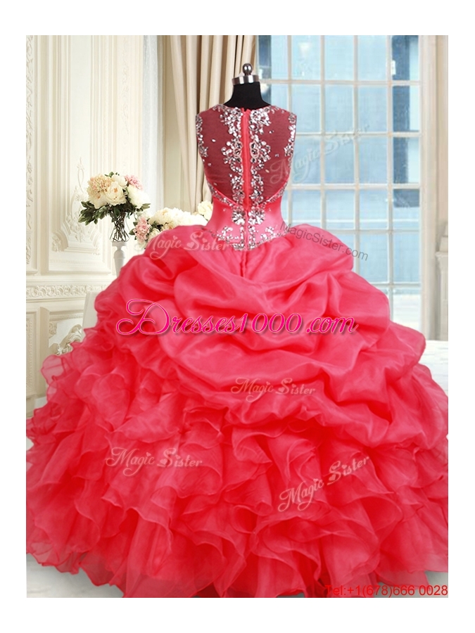 Gorgeous See Through Back Zipper Up Straps Organza Quinceanera Dress in Coral Red