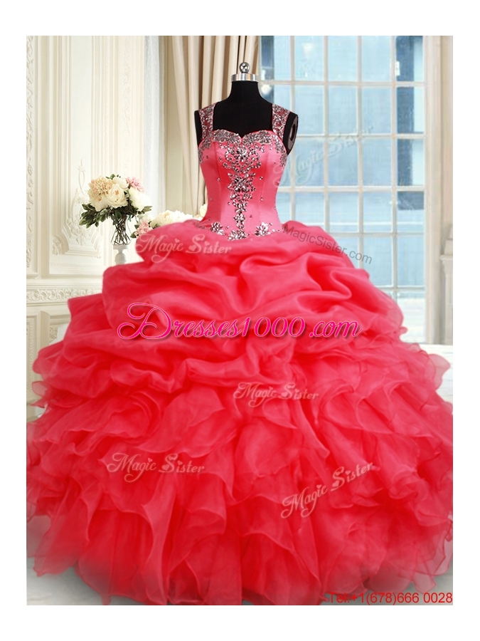 Gorgeous See Through Back Zipper Up Straps Organza Quinceanera Dress in Coral Red