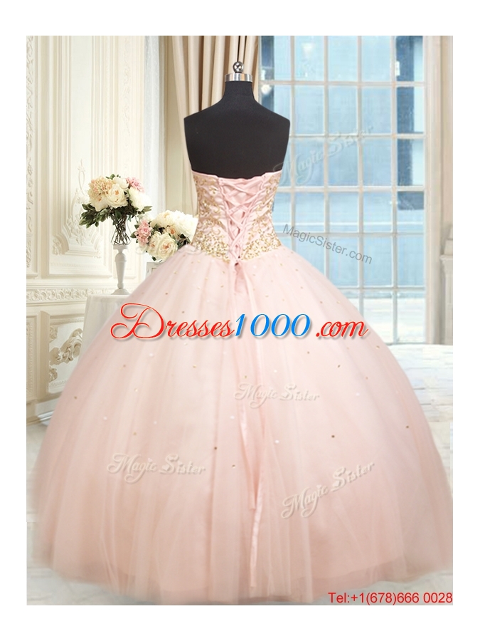 Hot Sale Big Puffy Tulle Beaded Quinceanera Dress in Baby Pink