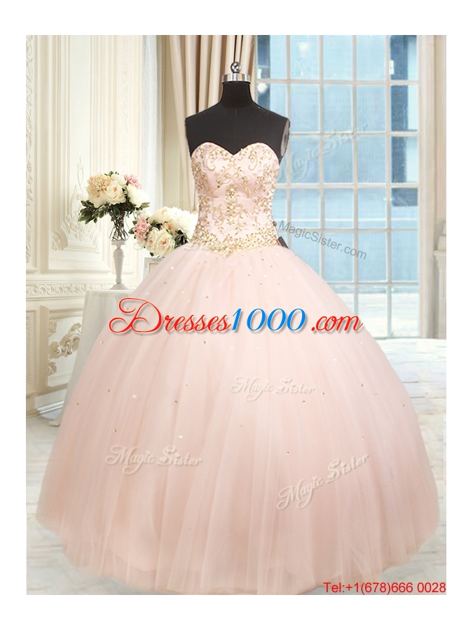 Hot Sale Big Puffy Tulle Beaded Quinceanera Dress in Baby Pink