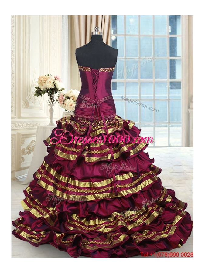 Hot Sale Bowknot Ruffled Layers Gold and Burgundy Quinceanera Dress with Brush Train