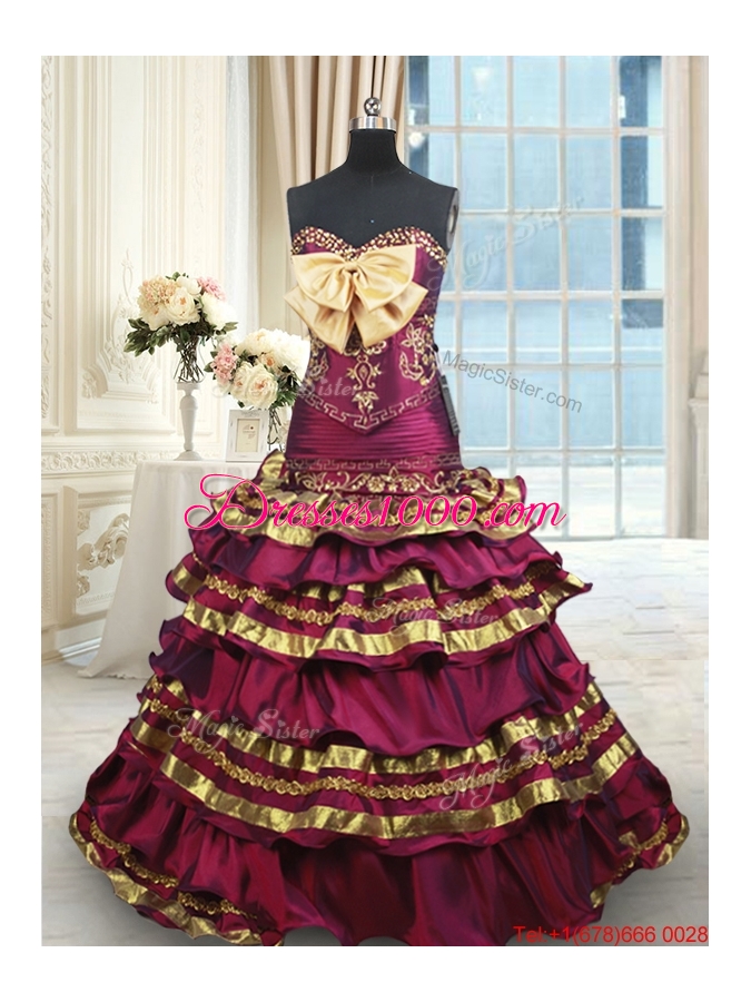 Hot Sale Bowknot Ruffled Layers Gold and Burgundy Quinceanera Dress with Brush Train