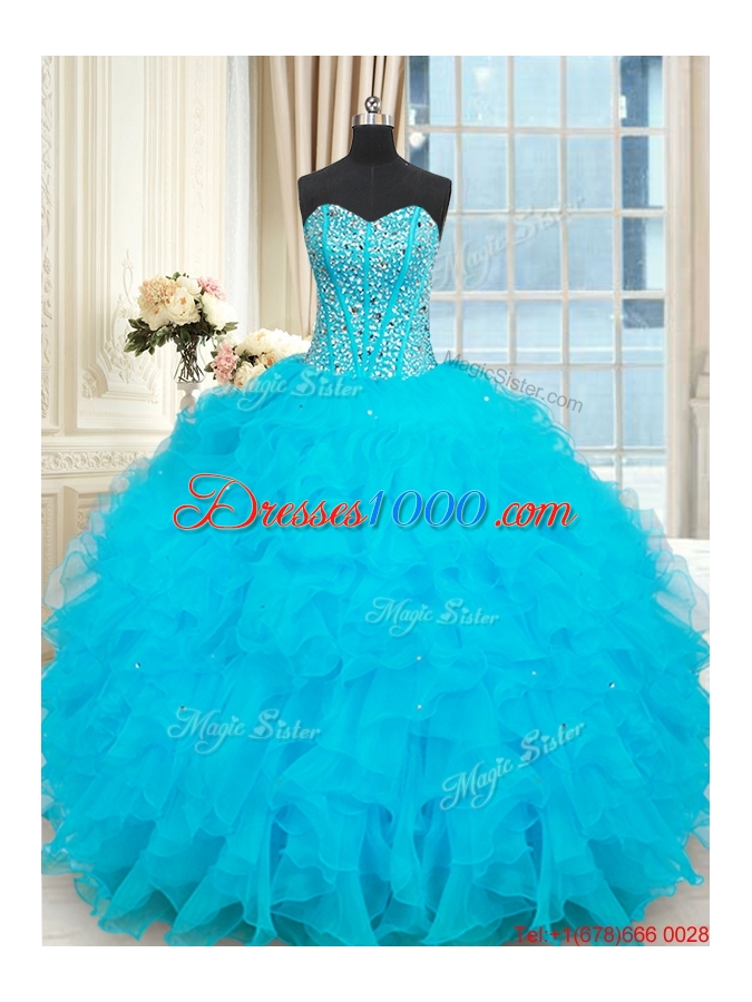 Hot Sale Visible Boning Beaded Bodice Baby Blue Quinceanera Dress with Ruffles