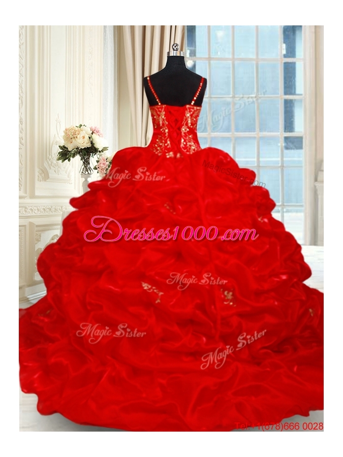Lovely Spaghetti Straps Brush Train Red Quinceanera Dress with Ruffles and Bubbles