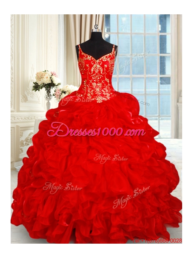 Lovely Spaghetti Straps Brush Train Red Quinceanera Dress with Ruffles and Bubbles
