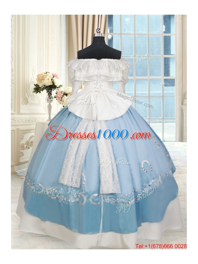 Perfect Off the Shoulder White and Light Blue Quinceanera Dress with Long Sleeves