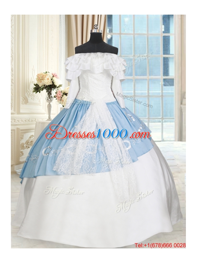 Perfect Off the Shoulder White and Light Blue Quinceanera Dress with Long Sleeves