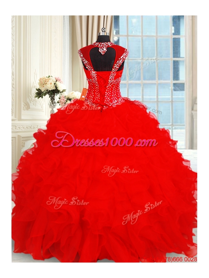 Perfect Open Back Ruffled and Beaded Red Quinceanera Dress with Cap Sleeves