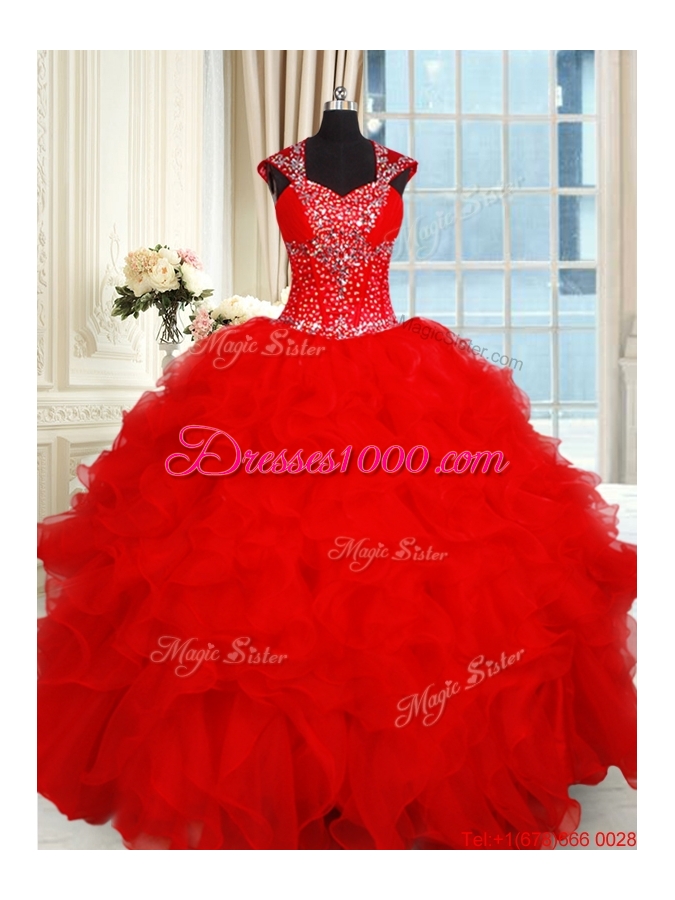Perfect Open Back Ruffled and Beaded Red Quinceanera Dress with Cap Sleeves
