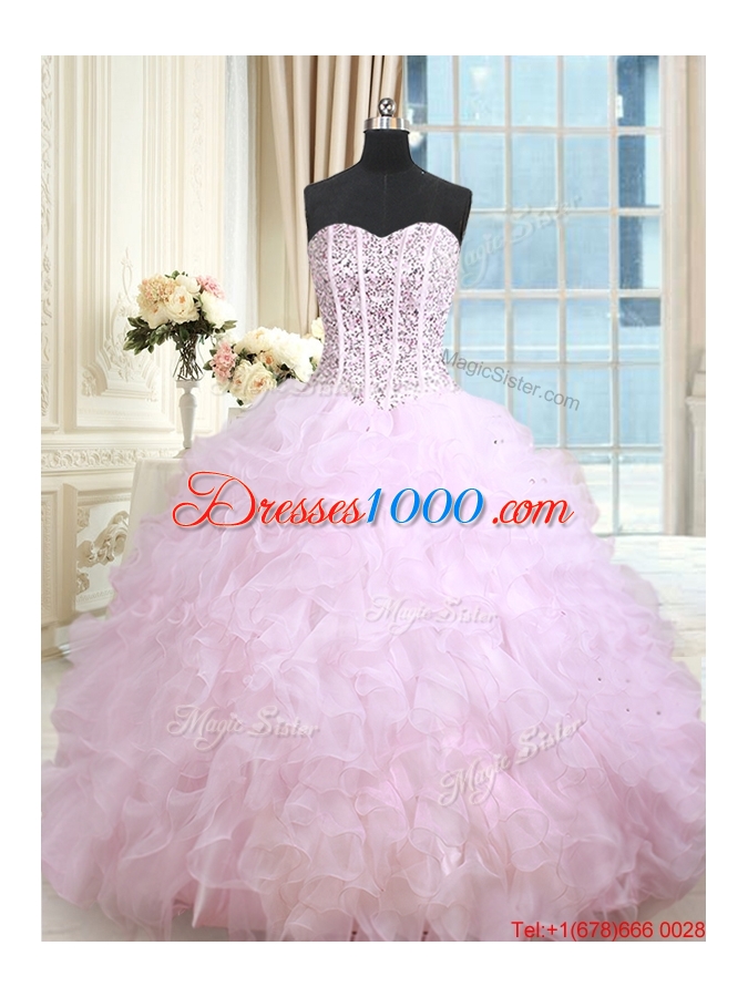 Perfect Visible Boning Ruffled and Beaded Bodice Lilac Quinceanera Dress in Organza