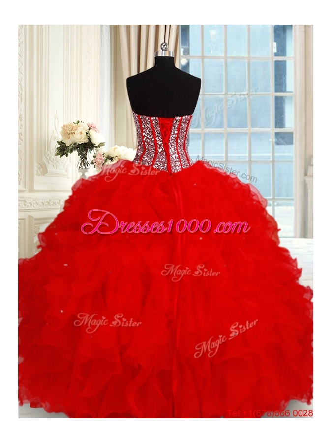 Perfect Visible Boning Tulle Quinceanera Dress with Sequined Bodice and Ruffles