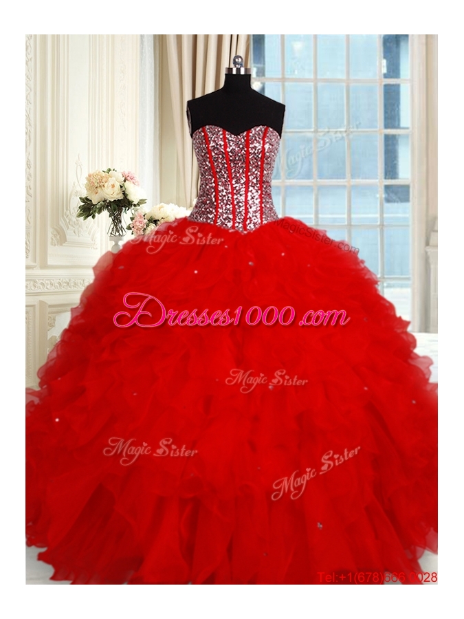 Perfect Visible Boning Tulle Quinceanera Dress with Sequined Bodice and Ruffles