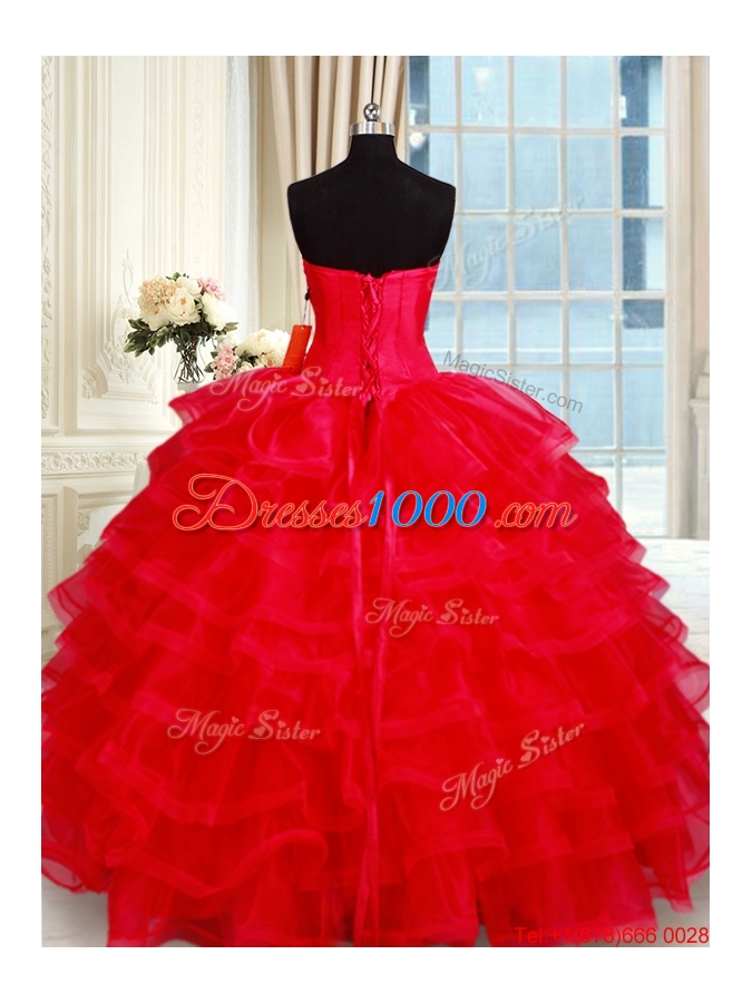 Popular Big Puffy Red Quinceanera Dress with Ruffled Layers and Beading