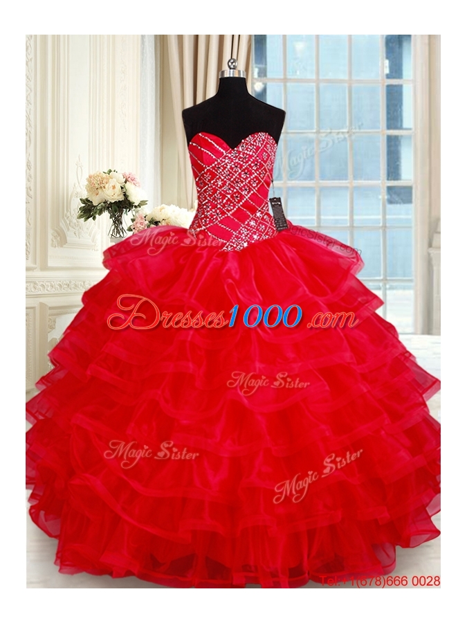 Popular Big Puffy Red Quinceanera Dress with Ruffled Layers and Beading