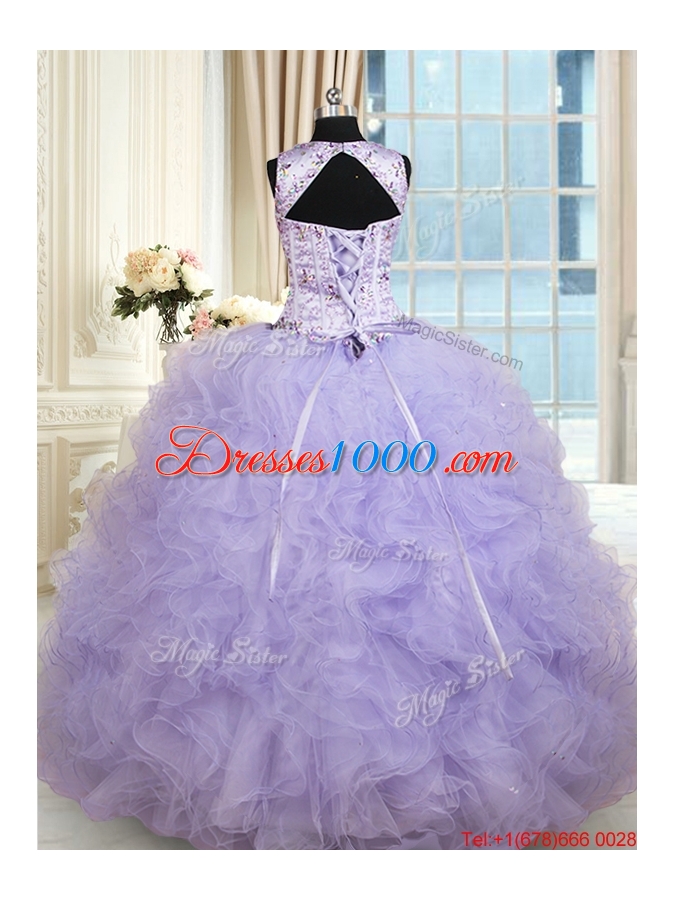 Popular See Through Scoop Ruffled and Beaded Quinceanera Dress in Lavender