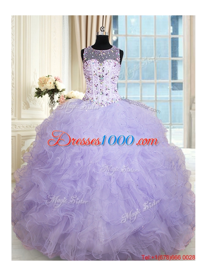 Popular See Through Scoop Ruffled and Beaded Quinceanera Dress in Lavender