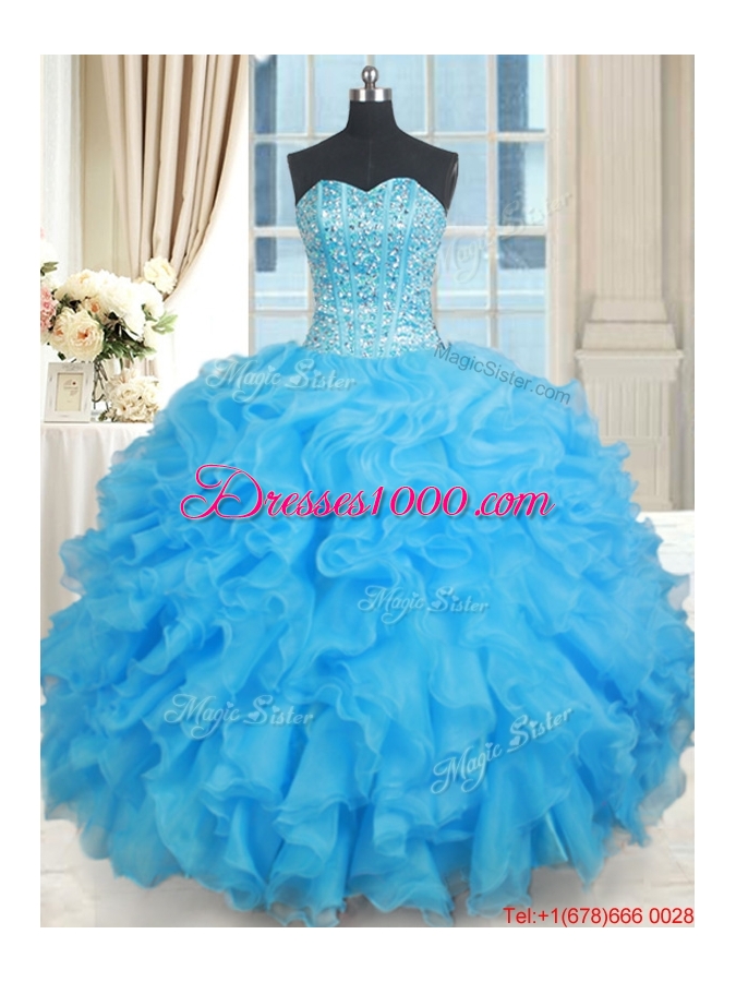 Popular Visible Boning Organza Baby Blue Quinceanera Dress with Ruffles and Beading