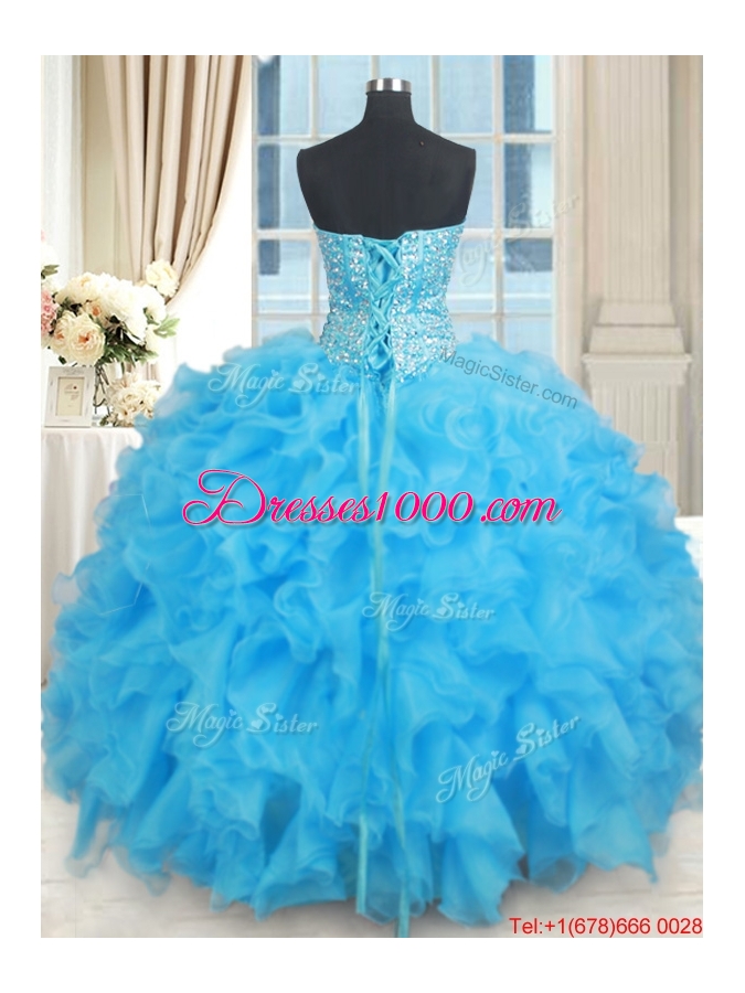 Popular Visible Boning Organza Baby Blue Quinceanera Dress with Ruffles and Beading