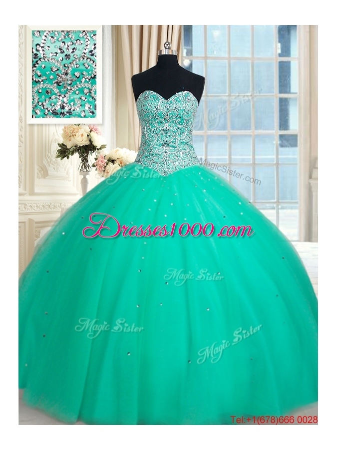 Pretty Big Puffy Sweetheart Beaded Bodice Turquoise Quinceanera Dress in Tulle