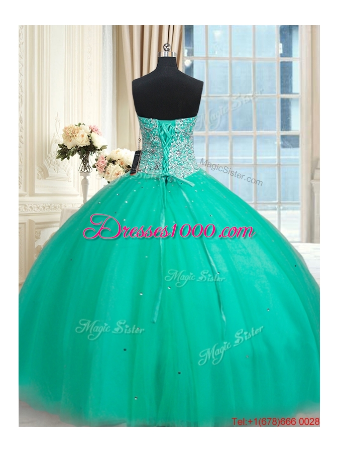 Pretty Big Puffy Sweetheart Beaded Bodice Turquoise Quinceanera Dress in Tulle