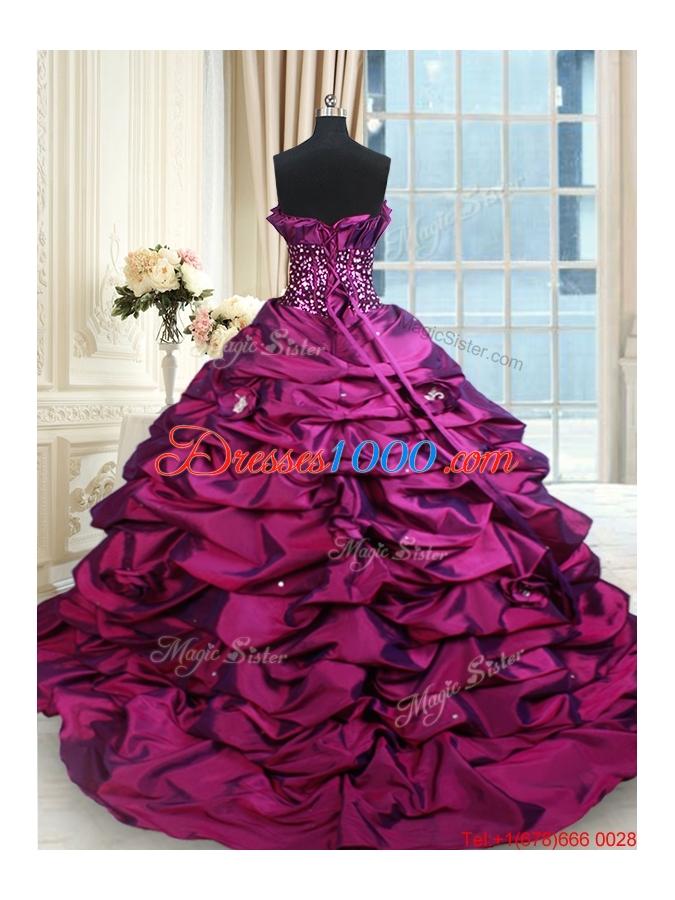 Romantic Strapless Bubble Handcrafted Flowers Quinceanera Dress with Brush Train