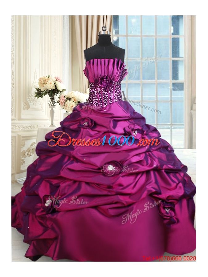 Romantic Strapless Bubble Handcrafted Flowers Quinceanera Dress with Brush Train