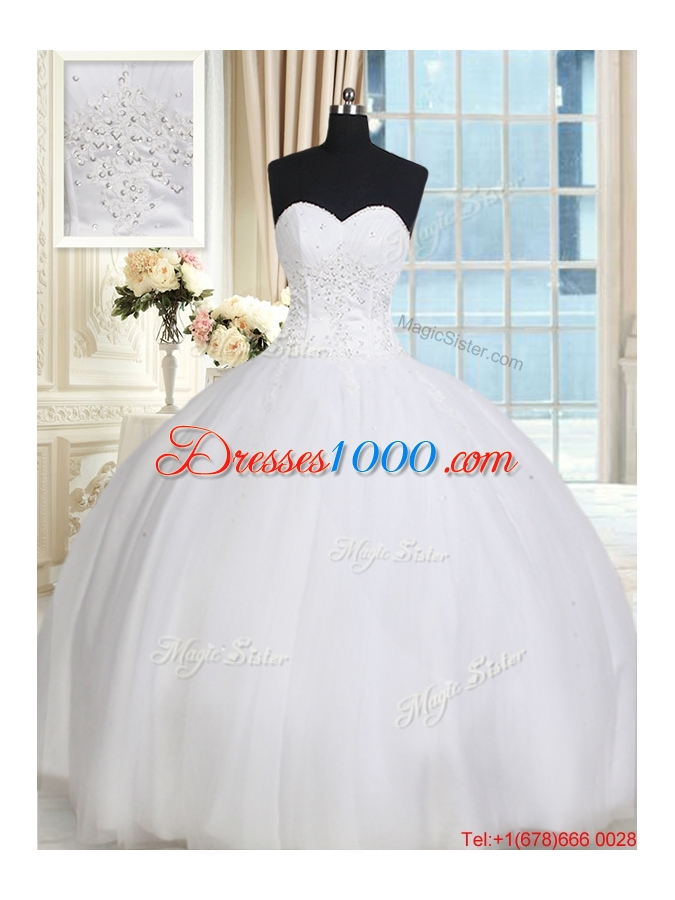 Simple Really Puffy Sweetheart Tulle White Quinceanera Dress with Beading