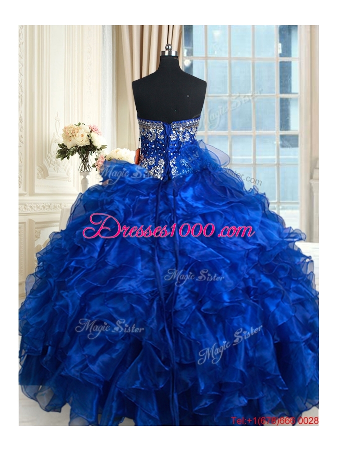 Unique Royal Blue Sweetheart Organza Quinceanera Dress with Ruffles and Beading