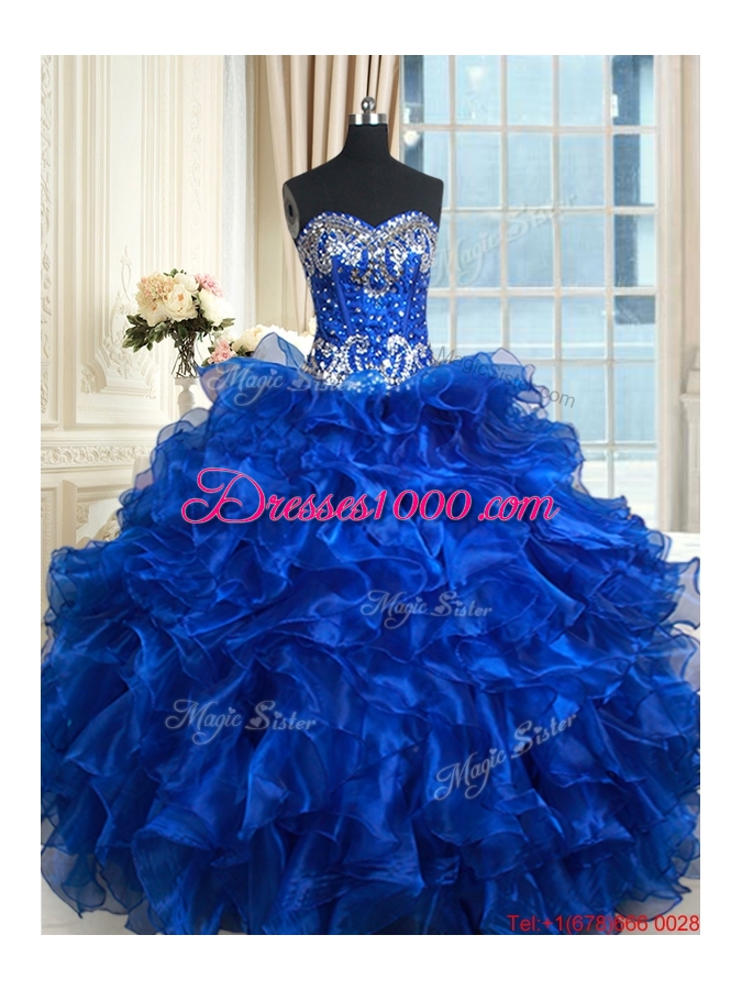 Unique Royal Blue Sweetheart Organza Quinceanera Dress with Ruffles and Beading
