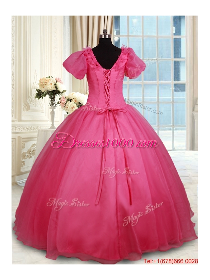 Unique V Neck Short Sleeves Beaded Organza Quinceanera Dress in Coral Red