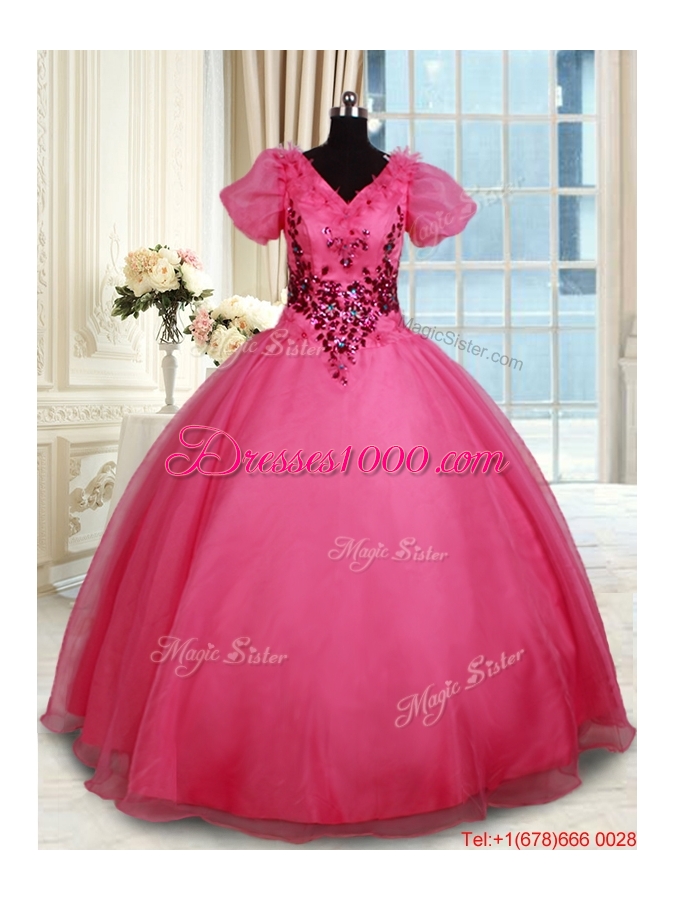 Unique V Neck Short Sleeves Beaded Organza Quinceanera Dress in Coral Red