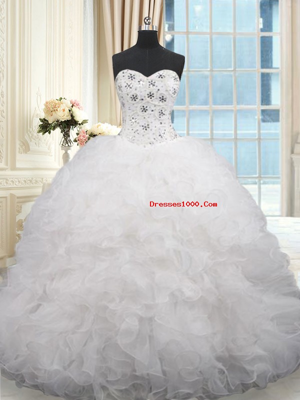 Nice White Ball Gowns Organza Sweetheart Sleeveless Beading and Ruffles Lace Up Quinceanera Dresses Brush Train