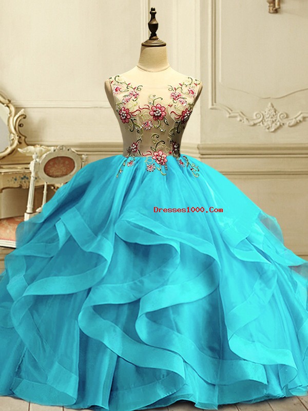 Adorable Aqua Blue Ball Gowns Organza Scoop Sleeveless Appliques and Ruffles Floor Length Lace Up Sweet 16 Quinceanera Dress