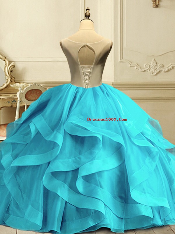 Adorable Aqua Blue Ball Gowns Organza Scoop Sleeveless Appliques and Ruffles Floor Length Lace Up Sweet 16 Quinceanera Dress