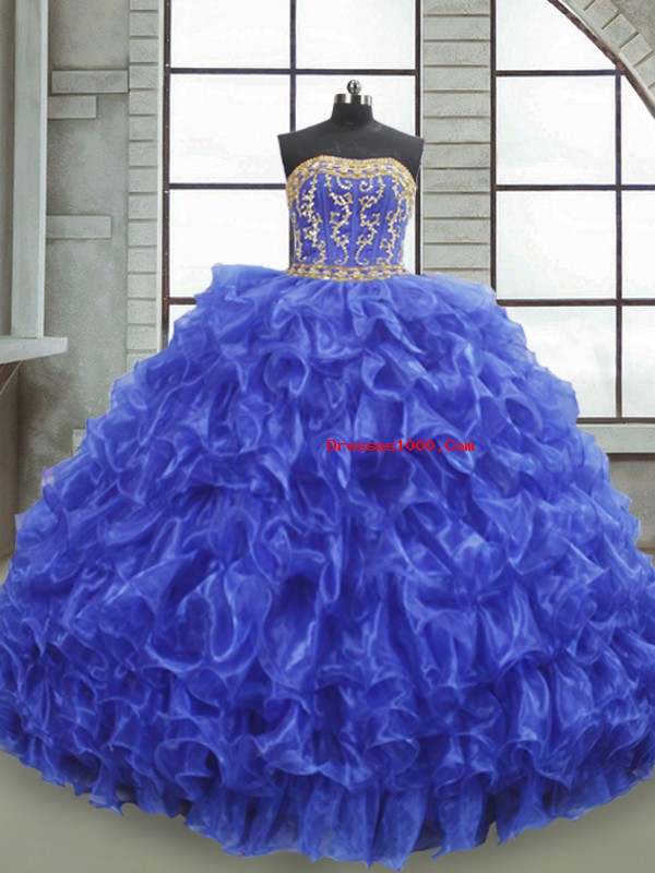 Royal Blue Organza Lace Up Quince Ball Gowns Sleeveless Floor Length Beading and Appliques and Ruffles