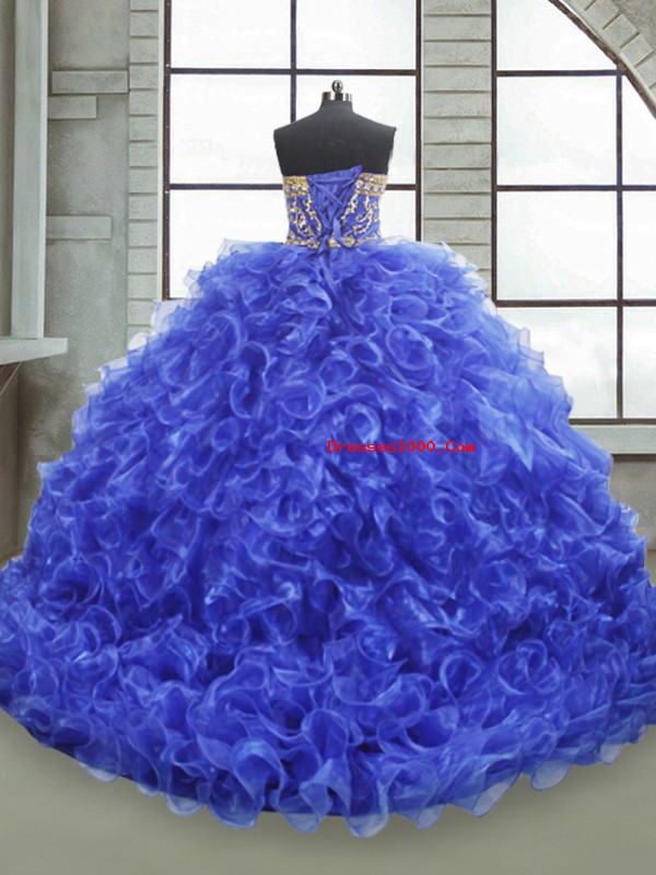 Royal Blue Organza Lace Up Quince Ball Gowns Sleeveless Floor Length Beading and Appliques and Ruffles