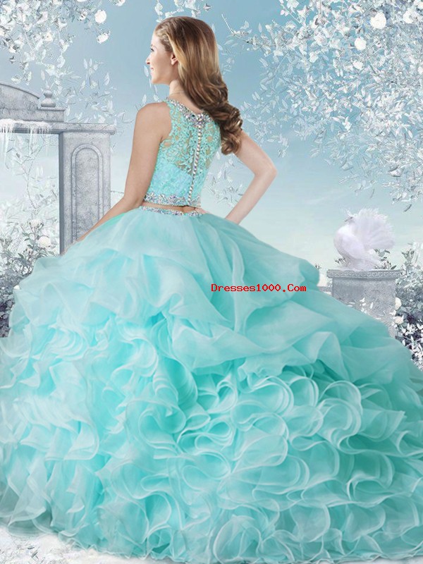 Aqua Blue Organza Clasp Handle Scoop Sleeveless Floor Length Quinceanera Gowns Beading and Ruffles and Pick Ups