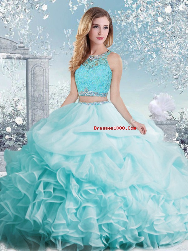 Aqua Blue Organza Clasp Handle Scoop Sleeveless Floor Length Quinceanera Gowns Beading and Ruffles and Pick Ups