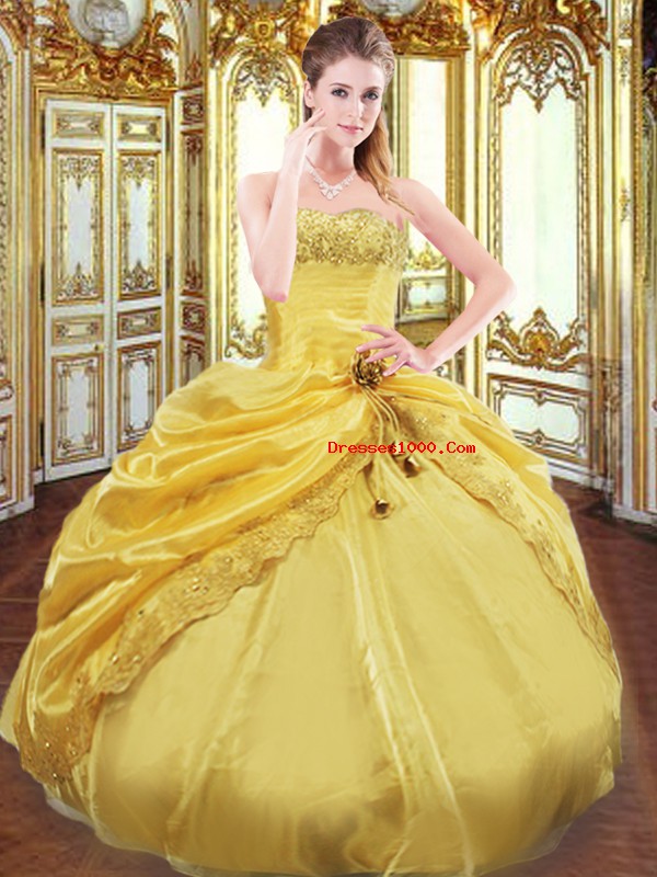 Lovely Gold Ball Gowns Strapless Sleeveless Taffeta Floor Length Lace Up Beading and Pick Ups 15 Quinceanera Dress