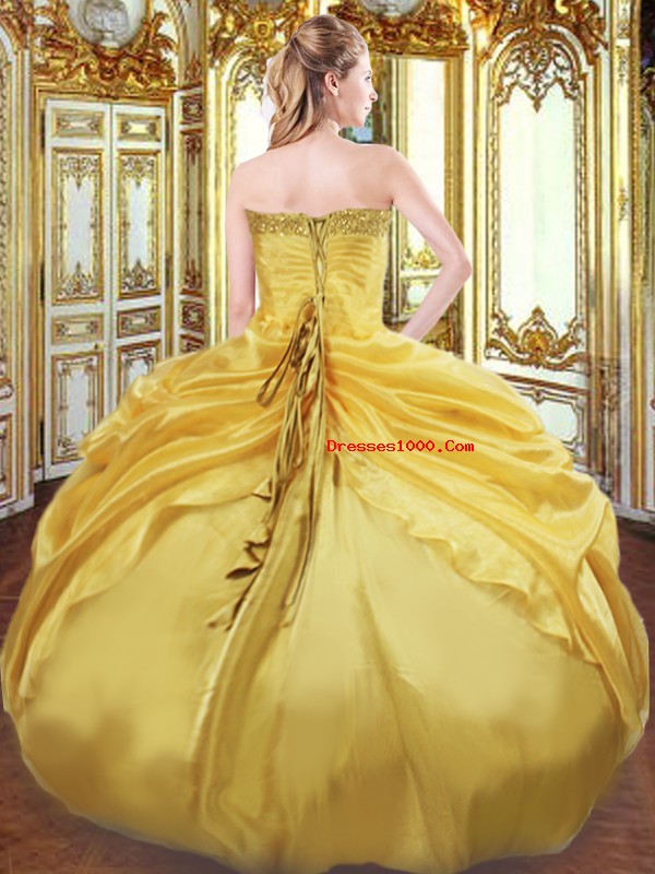 Lovely Gold Ball Gowns Strapless Sleeveless Taffeta Floor Length Lace Up Beading and Pick Ups 15 Quinceanera Dress