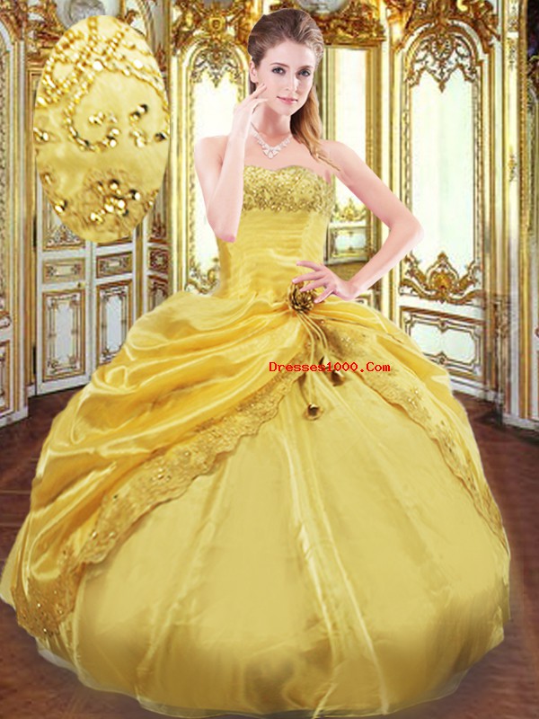 Lovely Gold Ball Gowns Strapless Sleeveless Taffeta Floor Length Lace Up Beading and Pick Ups 15 Quinceanera Dress