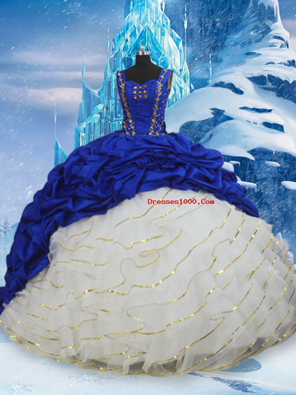 Hot Selling Blue And White Straps Lace Up Ruffled Layers and Pick Ups Ball Gown Prom Dress Brush Train Sleeveless