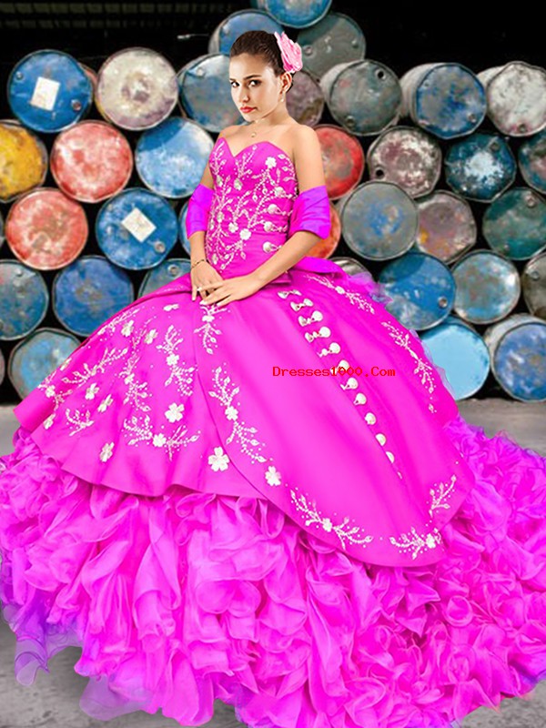 Flirting Sleeveless Organza Brush Train Lace Up Vestidos de Quinceanera in Fuchsia with Embroidery and Ruffles