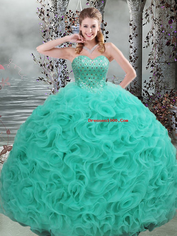 Sexy Turquoise Sleeveless Fabric With Rolling Flowers Brush Train Lace Up Quinceanera Gown for Military Ball and Sweet 16 and Quinceanera