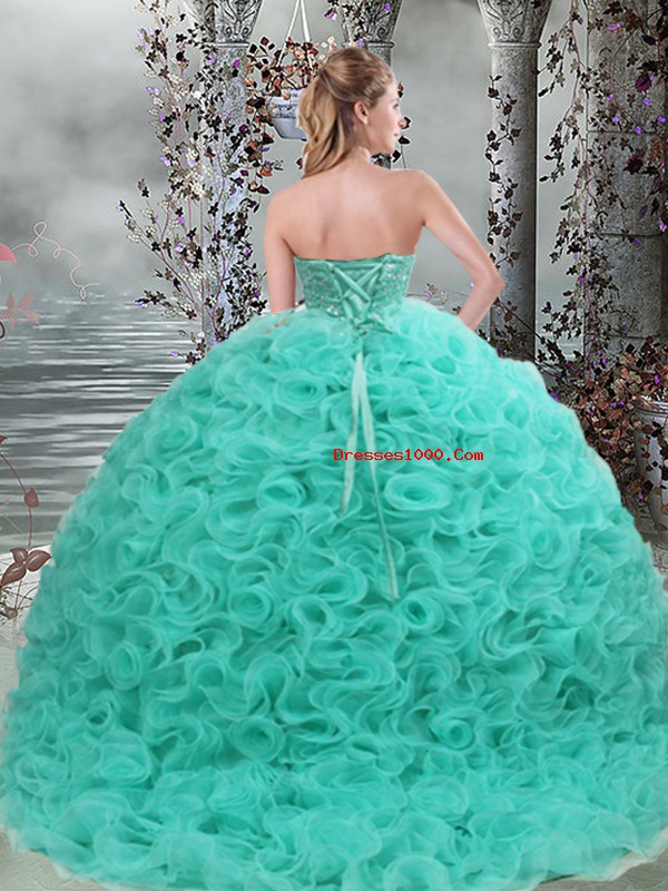 Sexy Turquoise Sleeveless Fabric With Rolling Flowers Brush Train Lace Up Quinceanera Gown for Military Ball and Sweet 16 and Quinceanera
