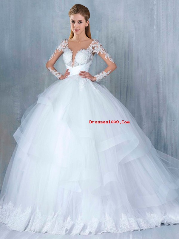 White Long Sleeves Court Train Lace and Appliques and Ruffles Wedding Gown