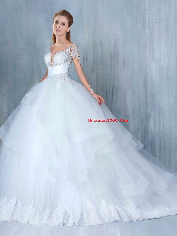 White Long Sleeves Court Train Lace and Appliques and Ruffles Wedding Gown