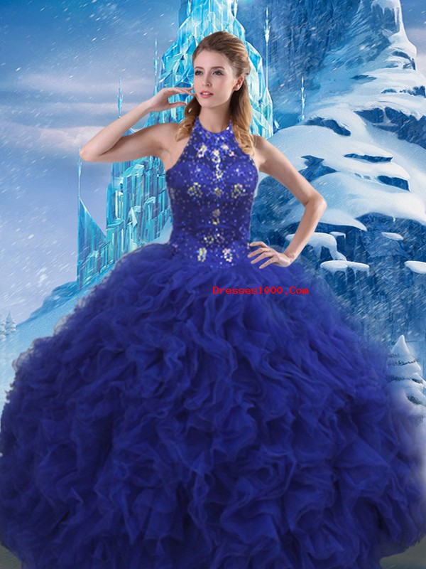 Deluxe Sleeveless Beading and Ruffles Lace Up 15th Birthday Dress with Blue Brush Train